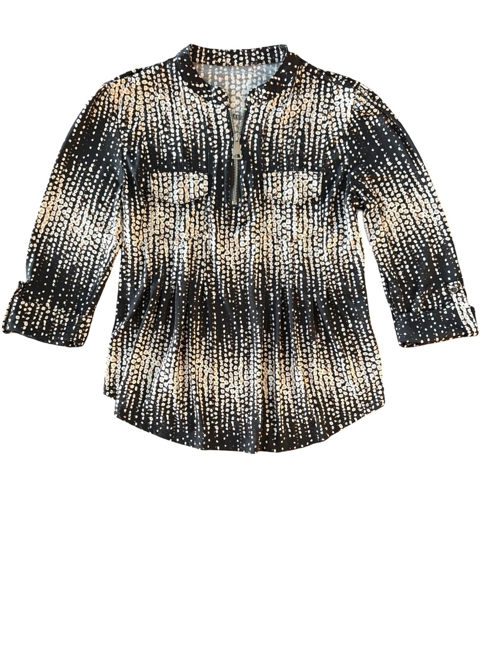 Black and White &Tan Dot-Print Women's Zip-Neck Blouse Size S